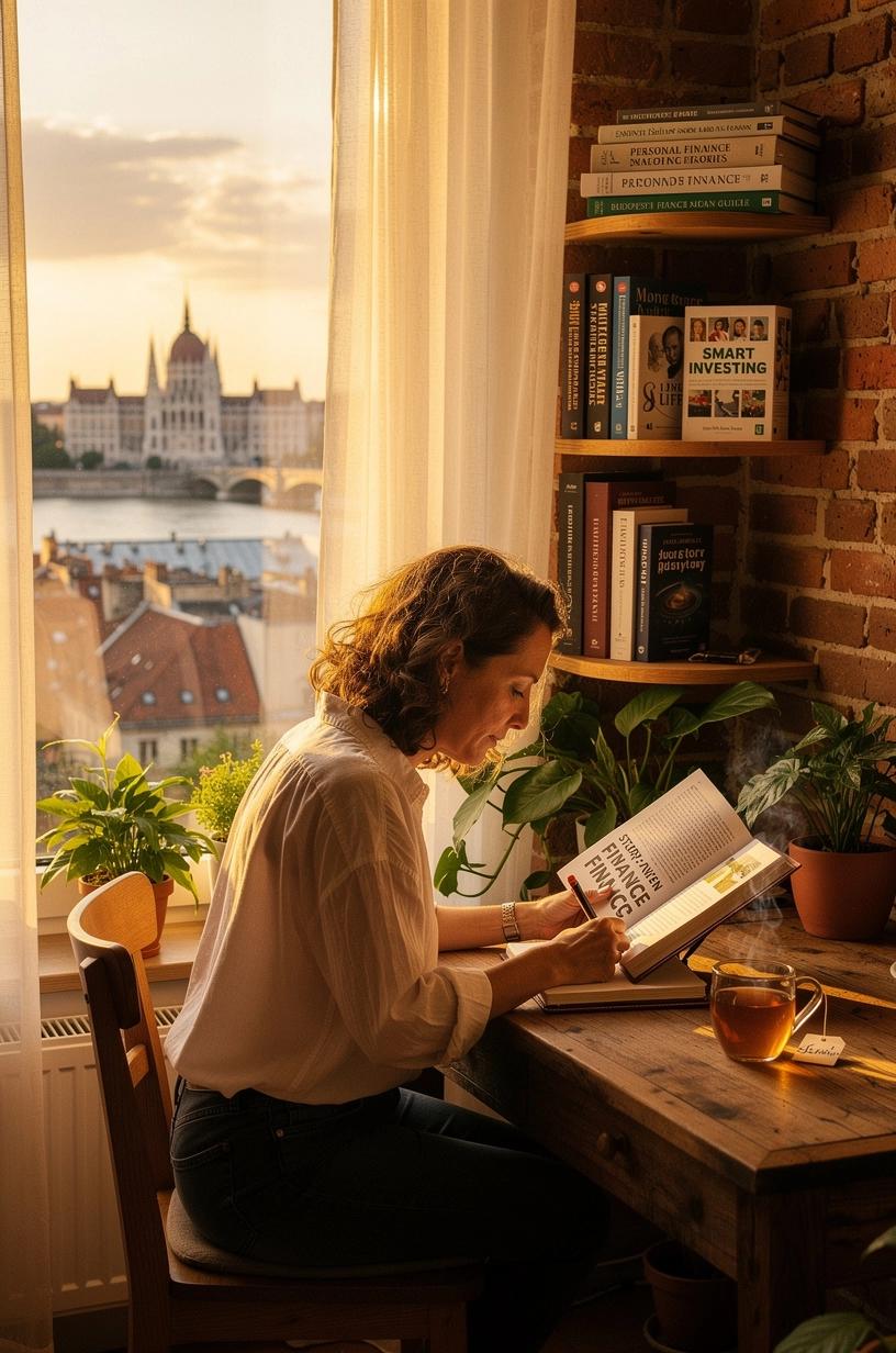 Könyvekkel és jegyzetekkel körülvett asztal, amely a személyes pénzügyek alapjainak oktatását és történetmesélést szimbolizálja.